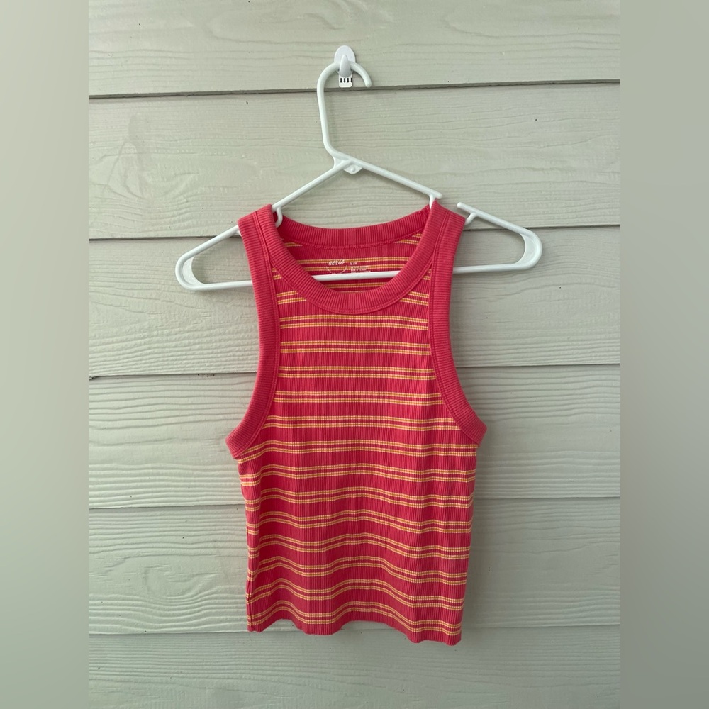 aerie Pink and Yellow Striped Cropped Tank Top